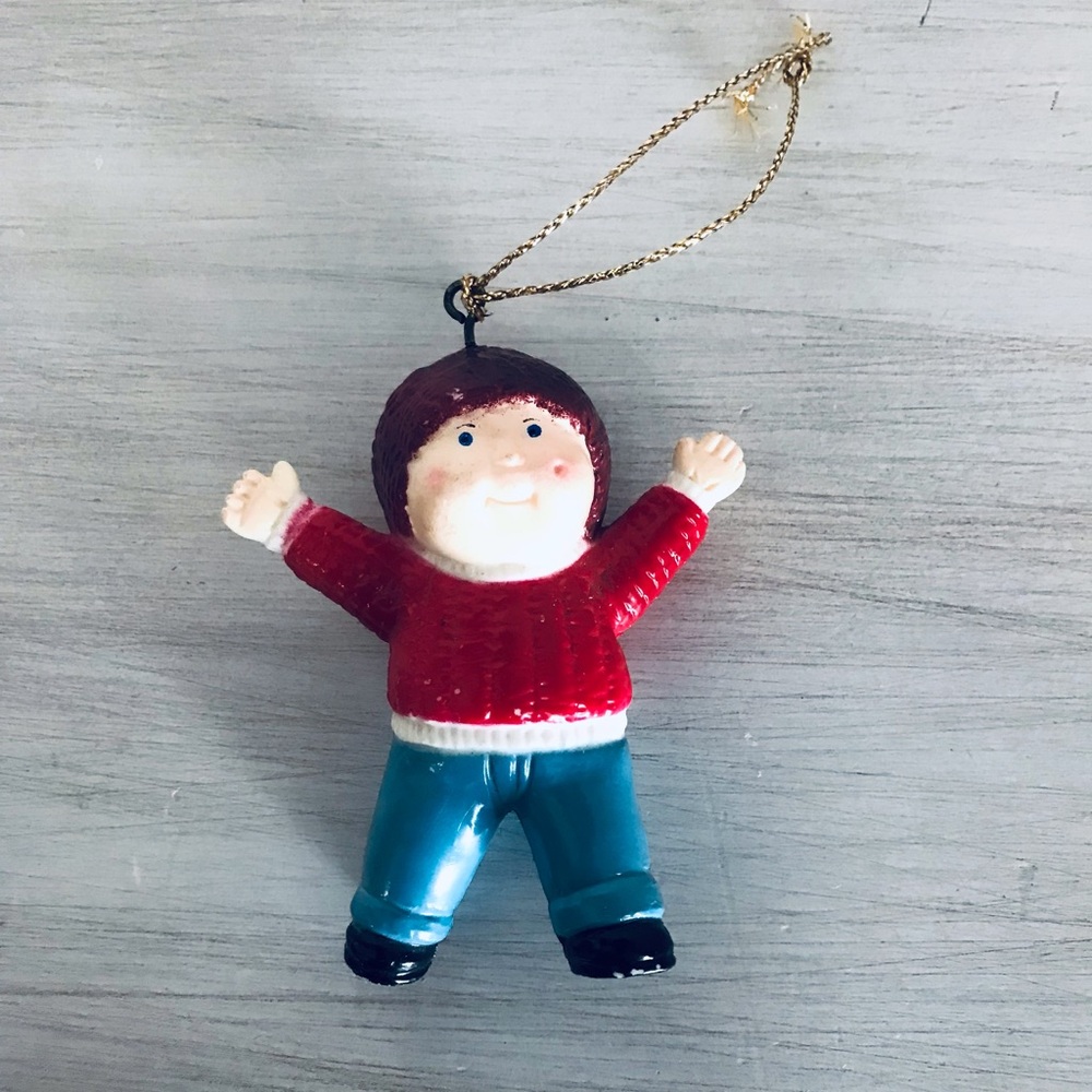 Festive Hanging Doll Ornament in Red Sweater and Blue Pants